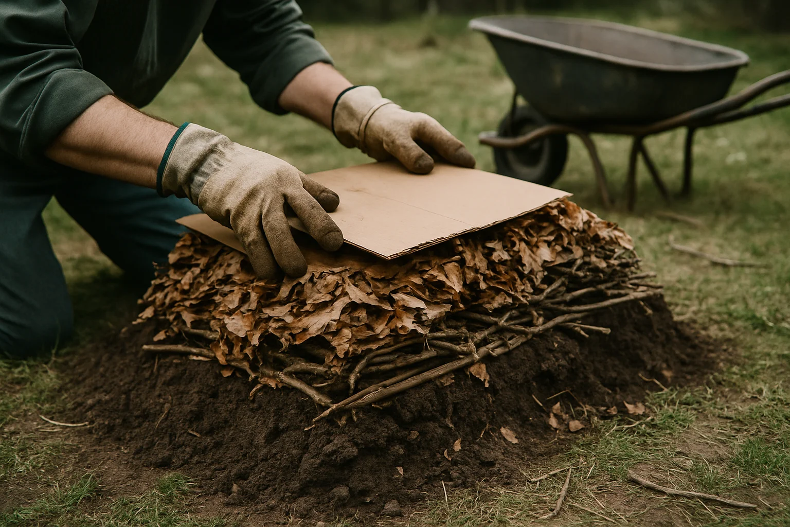 Mains gantées superposant des couches organiques pour construire une butte en permaculture