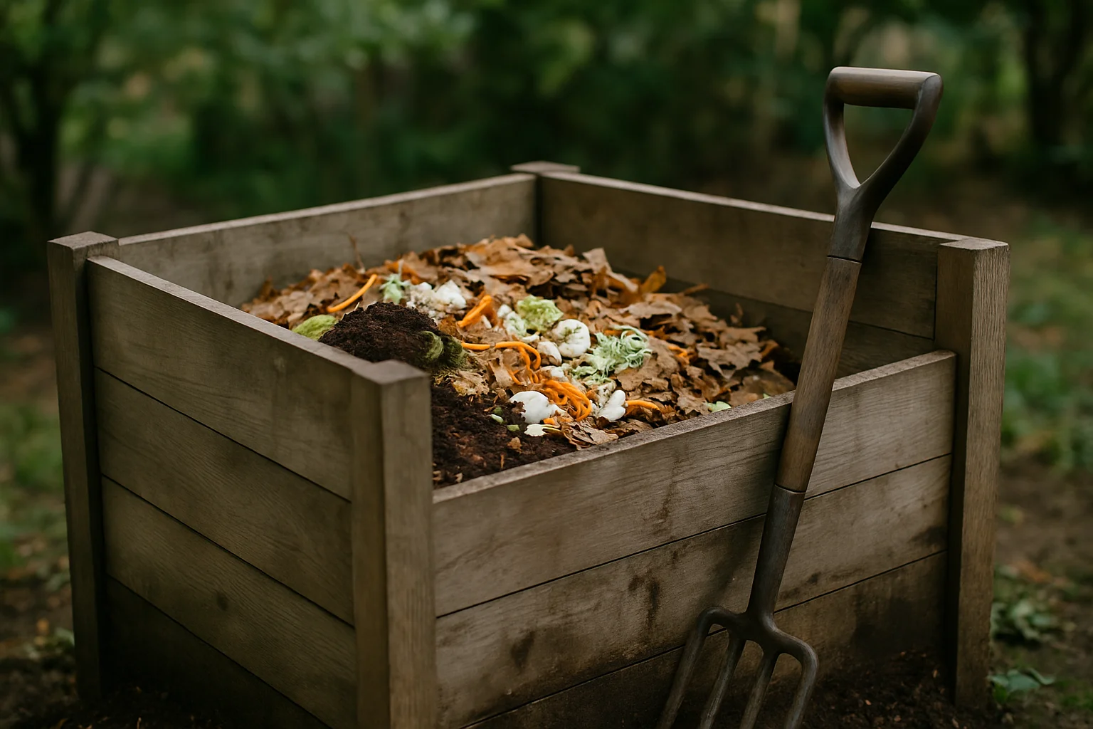 Bac à compost en bois rempli d'épluchures, feuilles mortes et terre