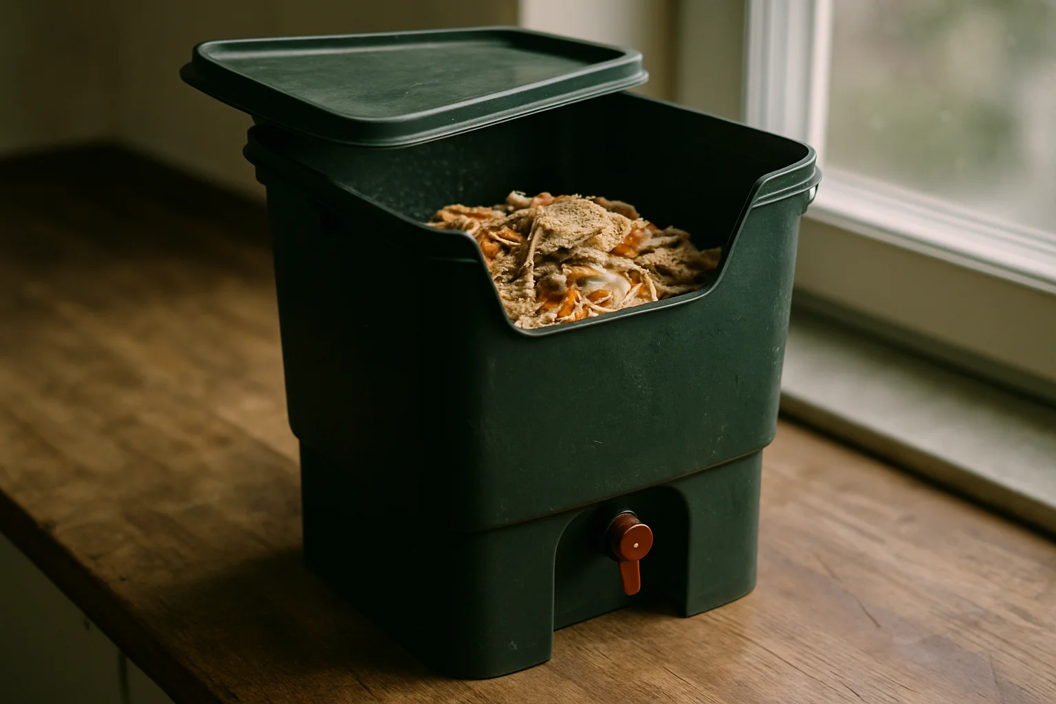 Composteur bokashi vert avec couvercle entrouvert révélant des déchets alimentaires et son robinet