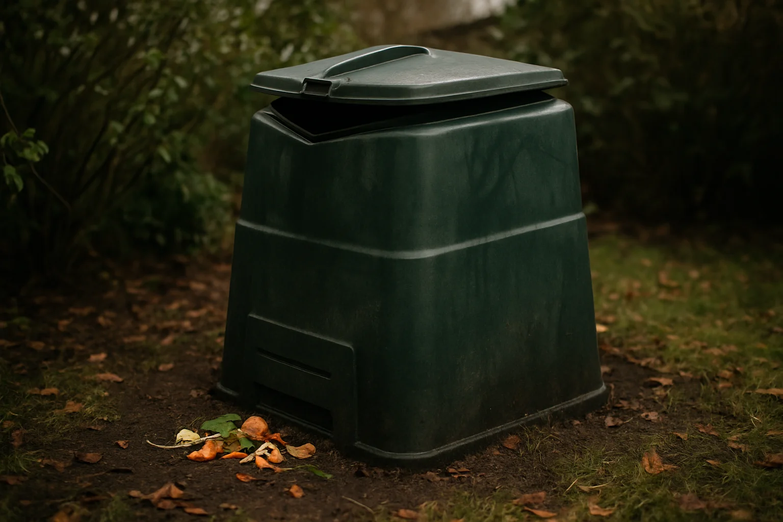 Composteur de jardin en plastique vert foncé posé dans un coin de jardin
