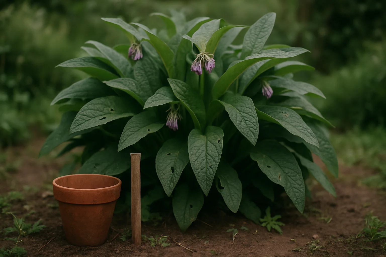 Touffe de consoude aux grandes feuilles vertes et fleurs violettes en clochettes