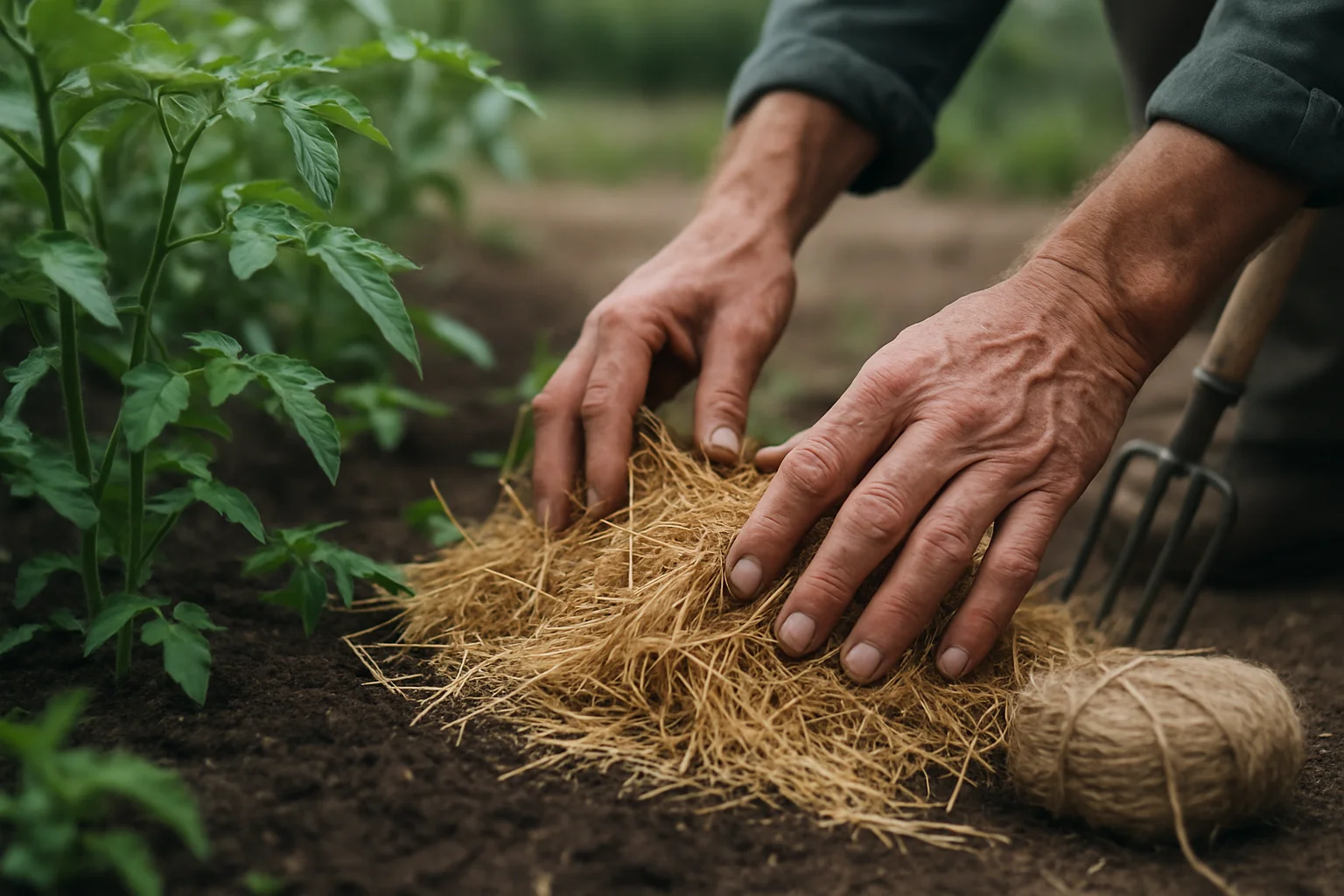 Mains de jardinier étalant du foin en paillage autour de plants de tomates