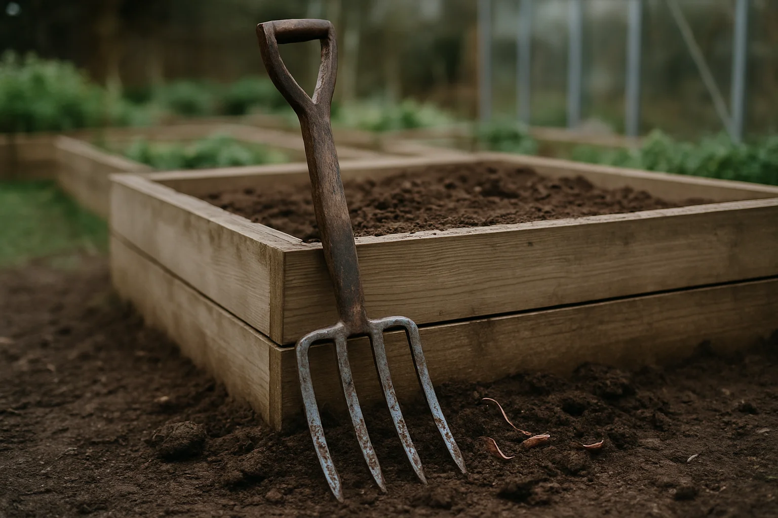 Grelinette aux dents terreuses appuyée contre un carré potager en bois