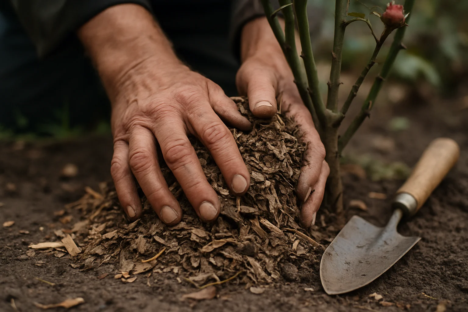 Mains de jardinier étalant un paillis de copeaux de bois autour d'un rosier