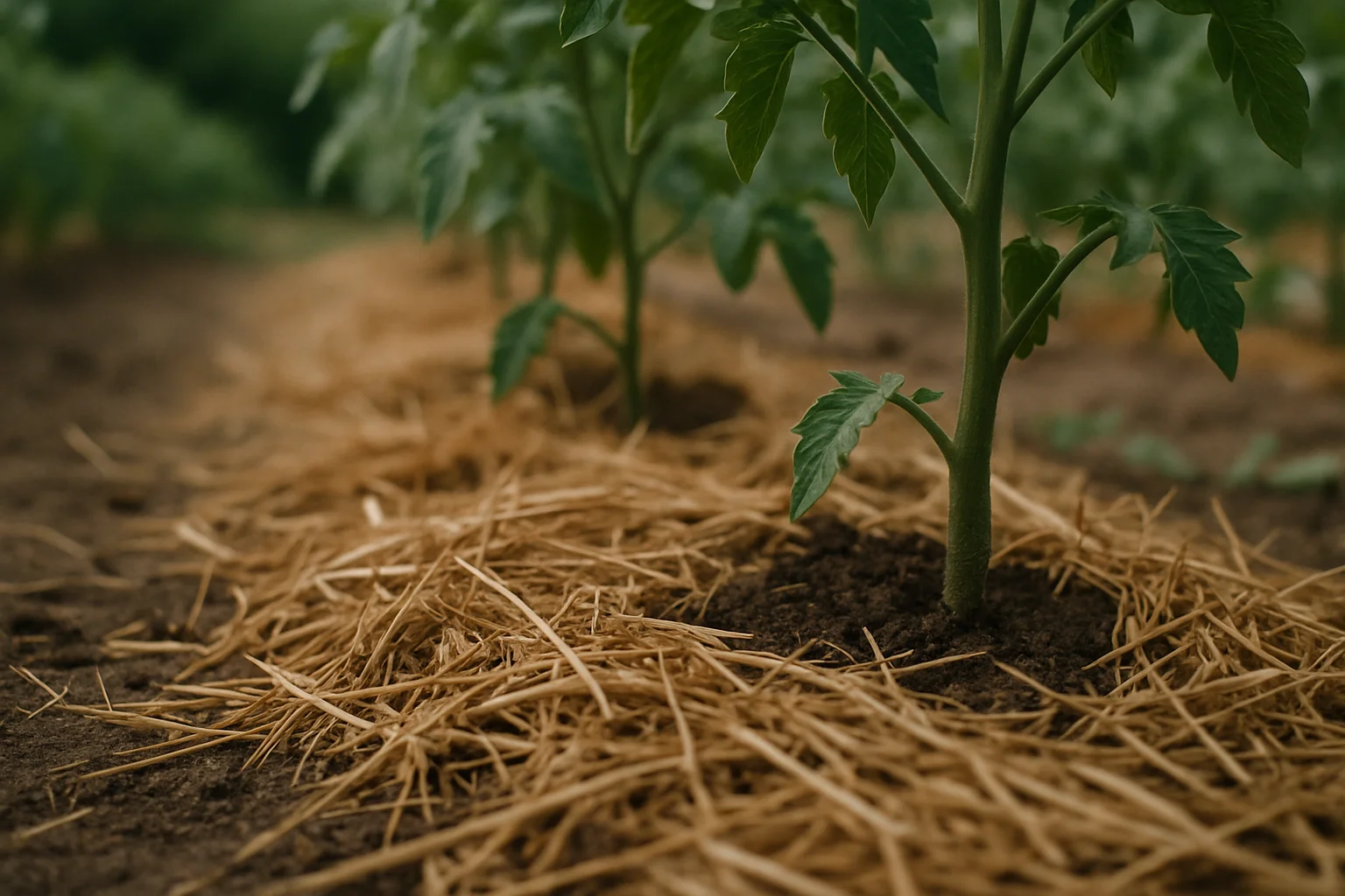 Paillage de paille dorée autour de plants de tomates dans un potager