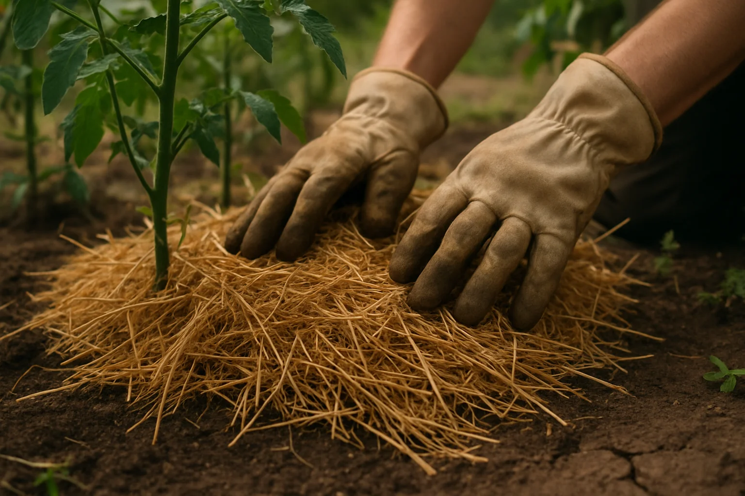 Mains gantées étalant un paillis de paille dorée autour de plants de tomates
