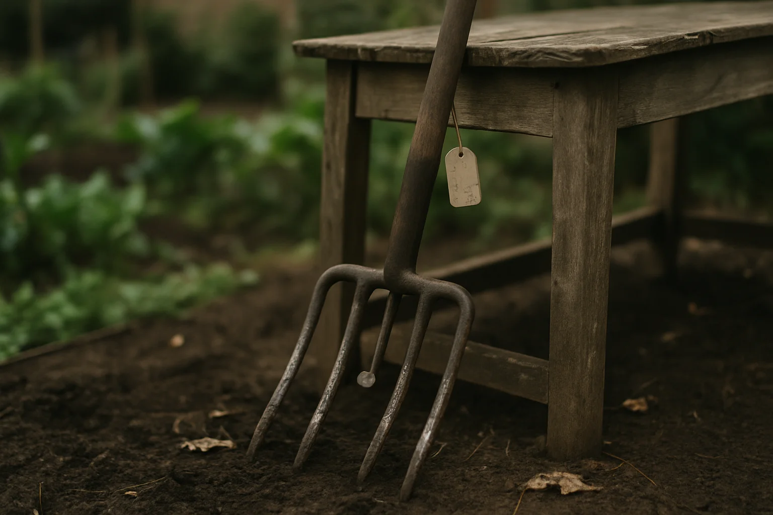 Grelinette usagée appuyée contre un établi en bois, dans un potager
